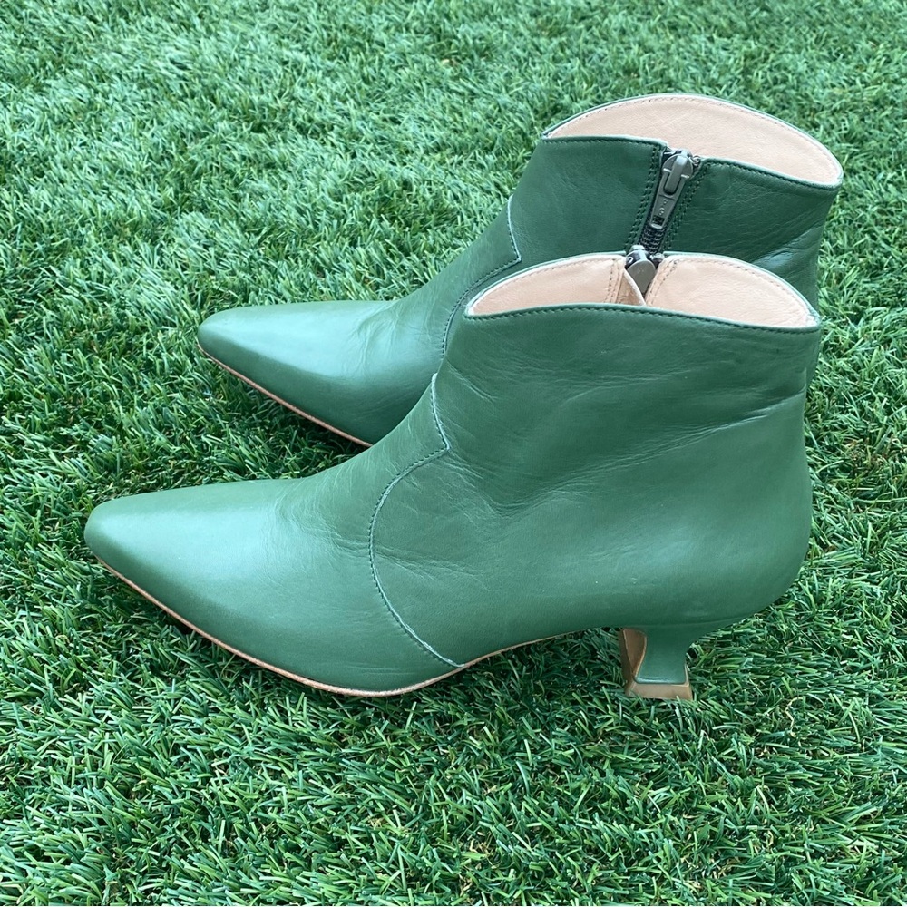 Oasi Green Leather Ankle Boots, Flare Heel Almond Toe, EU 36, Size 6 US